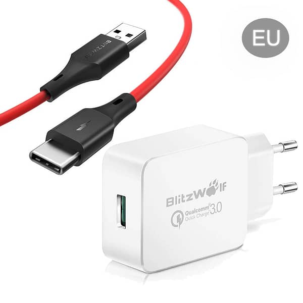 BlitzWolf® BW-S5 QC3.0 18W USB Charger USB QC3.0 FCP SCP Fast Charging Wall Charger Adapter EU Plug With 3ft/0.9m BW-TC1
