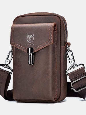 Men Genuine Leather Large Capacity Vintage 6.5 Inch Phone Bag Waist Bag Shoulder Bag Crossbody Bag