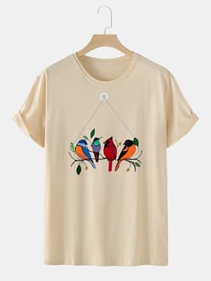 Mens 100% Cotton Colorful Bird Print Round Neck T-Shirt