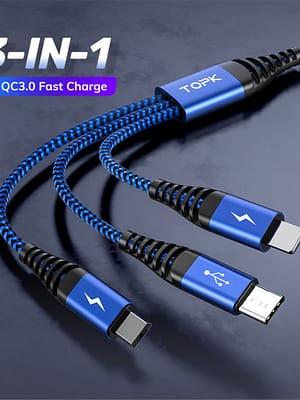TOPK AN24 3-in-1 Data Cable QC3.0 Fast Charging Data Line For iPhone 12 XS 11Pro Mi10 POCO X3 Huawei P30 P40 Pro OnePlus