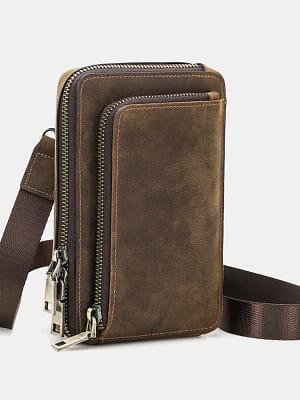 Men Vintage Genuine Leather Zip Side Convertible Straps Crossbody Bag Large Capacity Belt Bag Waist Bag