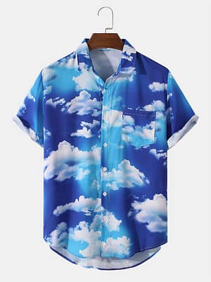 Mens Sky & White Clouds Print Lapel Short Sleeve Shirt
