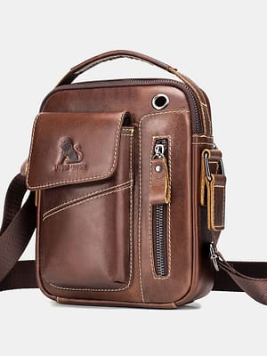 Men Genuine Leather Wear-resistant Headphone Hole Multi-pocket Vintage Crossbody Bag Shoulder Bag