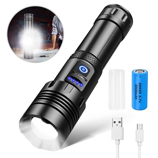 Zoom Flashlight 26650 Battery with 18650 Battery Conversion Sleeve with USB Cable