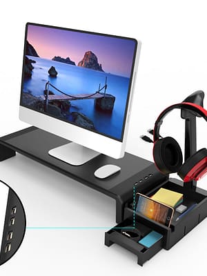 Multifunctional Monitor Stand Riser Laptop Stand with 4 USB Ports Earphone Stand Desktop Organizer Drawer Storage Box