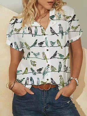 Birds Print Short Sleeve Lapel Collar Vintage Blouses For Women