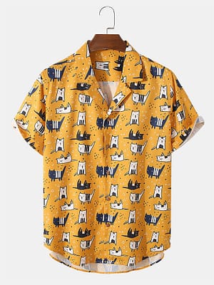 Mens Cartoon Cat Print Revere Collar Short Sleeve Shirt
