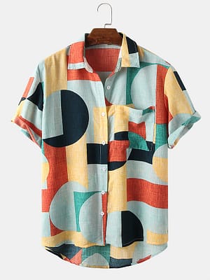 Mens Color Block Contrast Lapel Short Sleeve Shirt