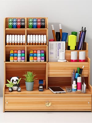 Desktop Pen Holder with Drawer Wooden Pencil Pen Storage Box Tilting Stationery Holder Organizer Home Office Supplies St