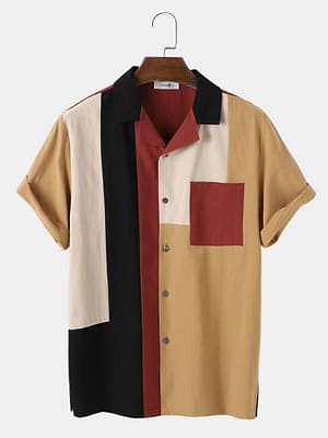 Mens Casual 100% Cotton Patchwork Short Sleeve Shirts