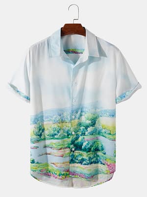 Mens Holiday Landscape Print Short Sleeve Casual Shirts