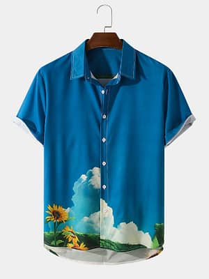 Mens Sunflower & Grassland Rural Print Lapel Short Sleeve Shirt