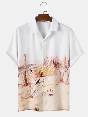 Mens Casual Landscape Print Patchwork Short Sleeve Shirts