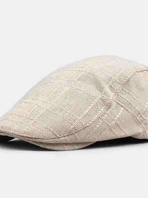 Unisex Cotton-Linen Plaid Pattern Outdoor Sunshade Breathable Beret Cap Flat Hat Forward Hat