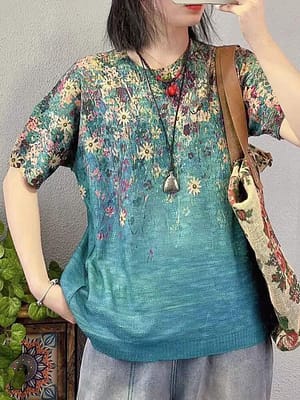 Floral Print Color Block Loose Round neck Short Sleeve Knitted Breathable T-Shirt